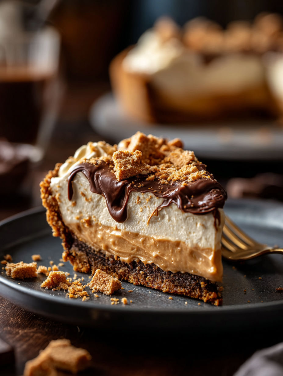 A slice of pie with peanut butter and chocolate drizzle.