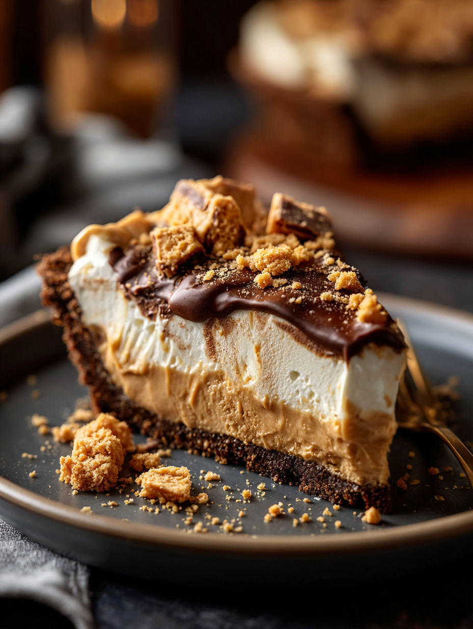 A slice of pie with a peanut butter and butterfinger topping.