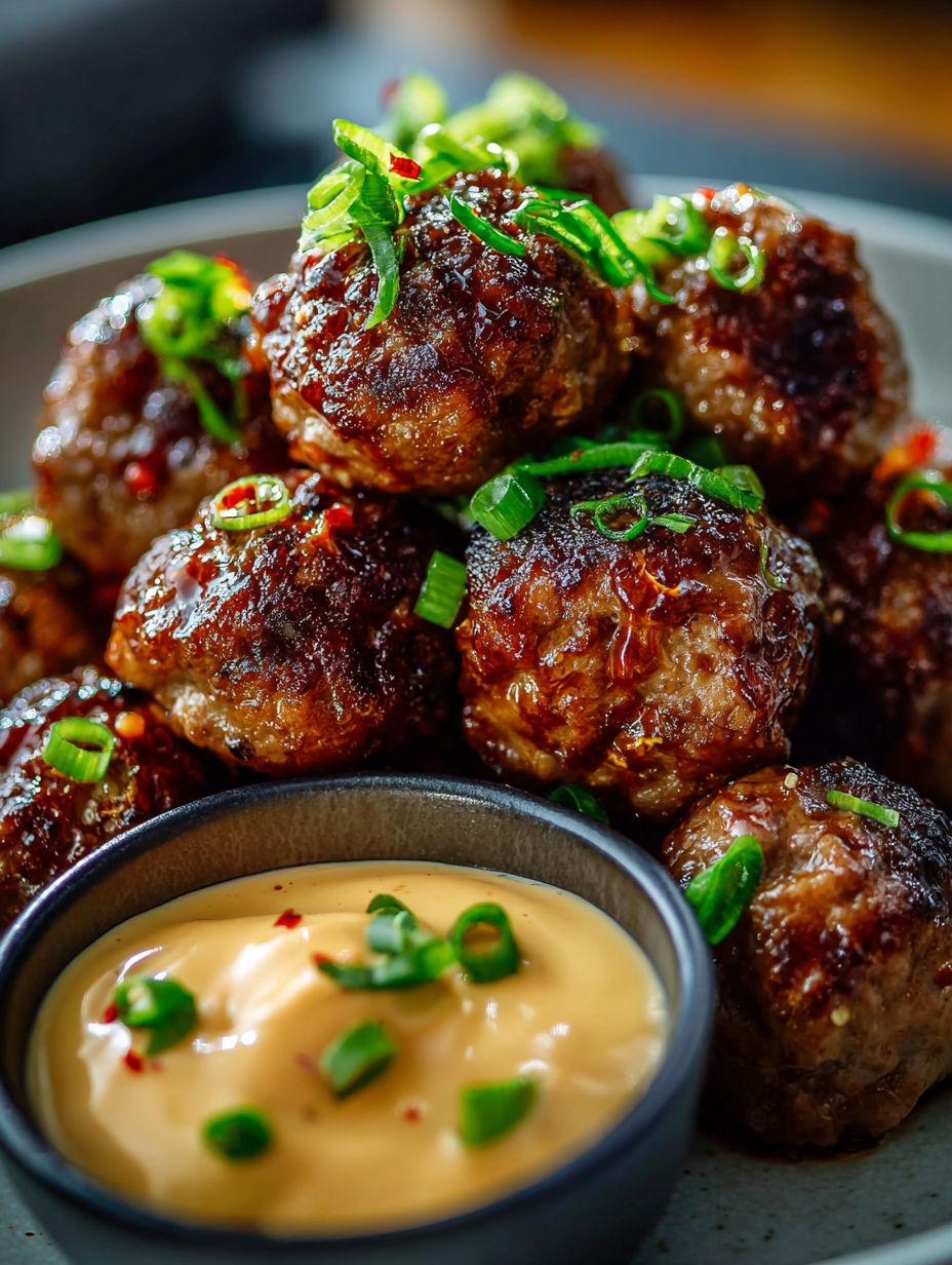 A bowl of meatballs with sauce for dipping.