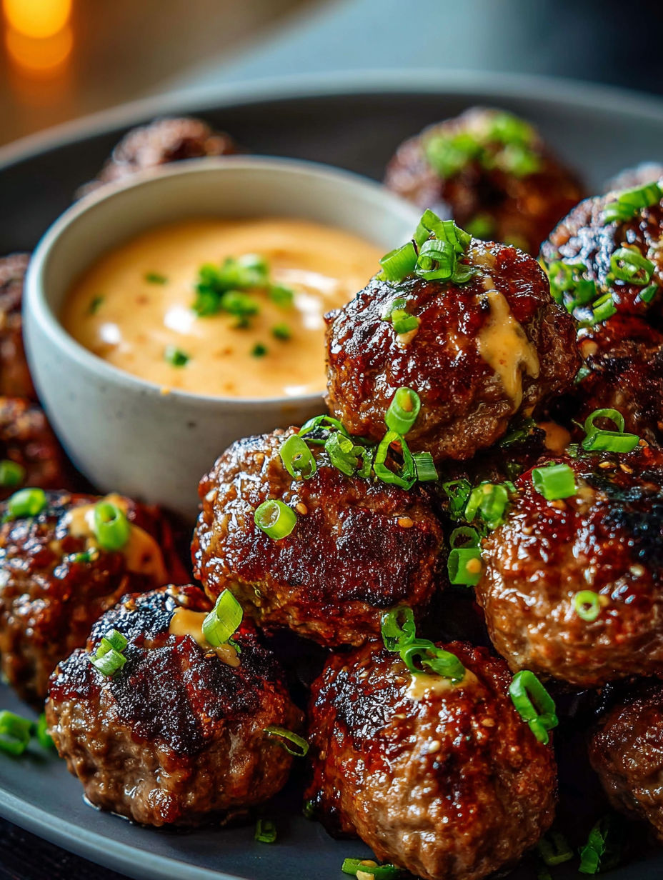 A bowl of meatballs with a dipping sauce.