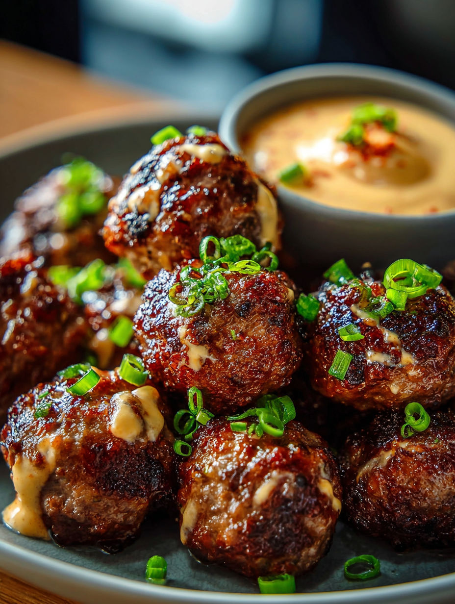 A plate of meatballs with a bowl of dipping sauce.