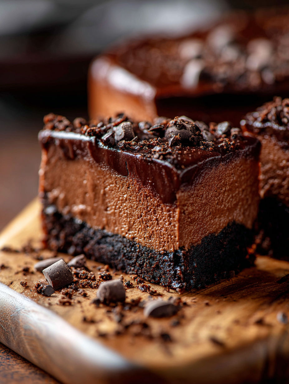 A slice of chocolate cheesecake bar.