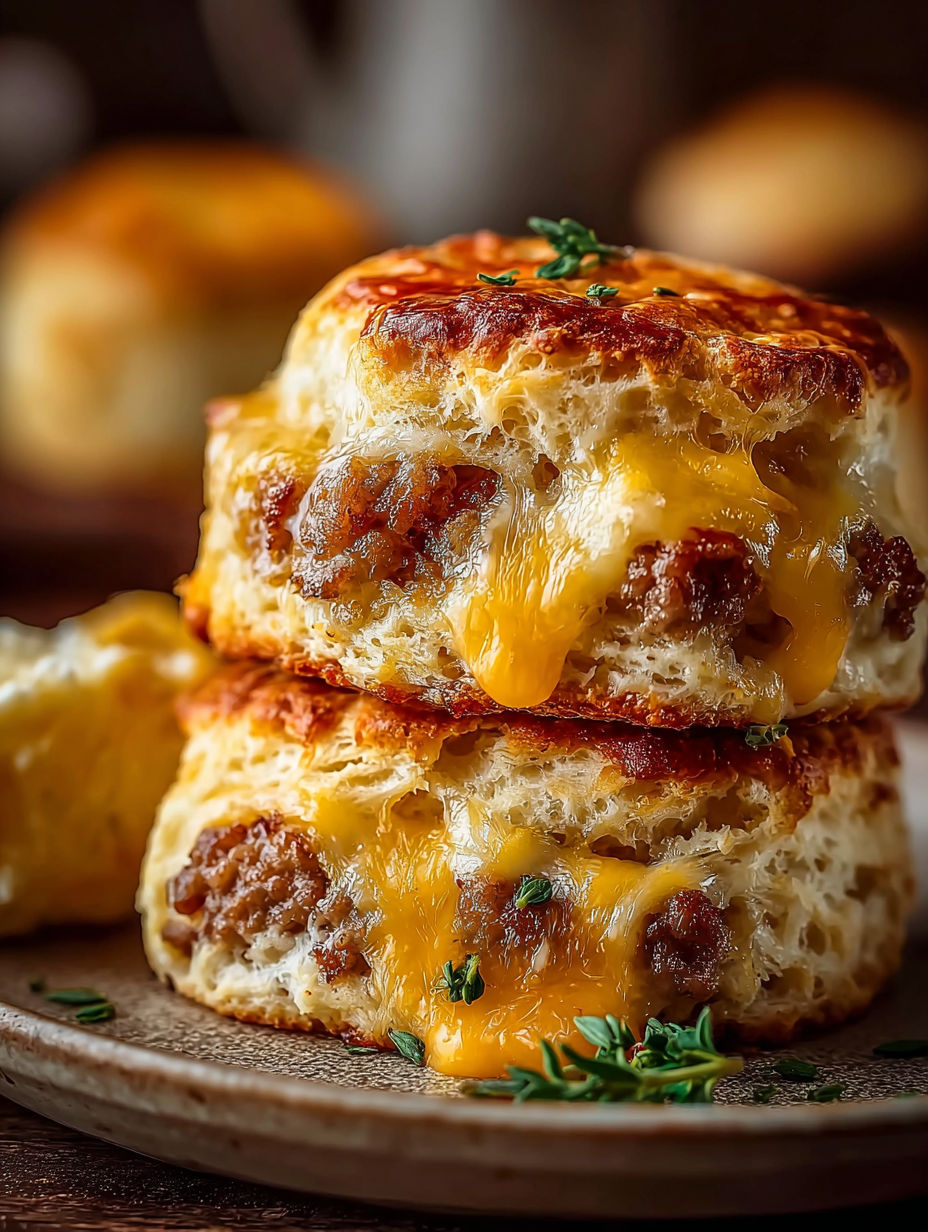 Plate stacked with sausage cheese biscuits.