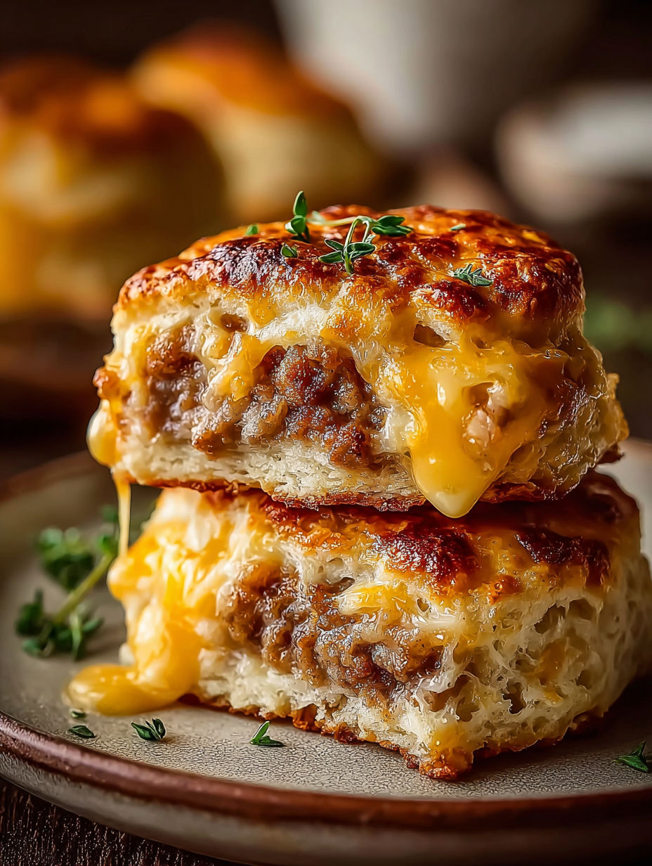 Buttery sausage cheddar biscuits.