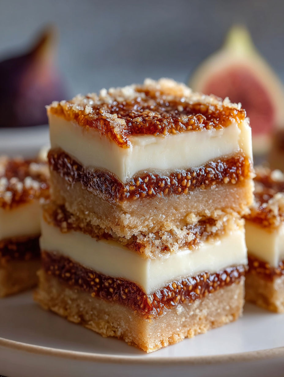 Three stacked bars of fig and cream cheese dessert.