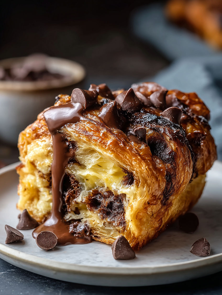 A chocolate croissant with chocolate drizzled on top.