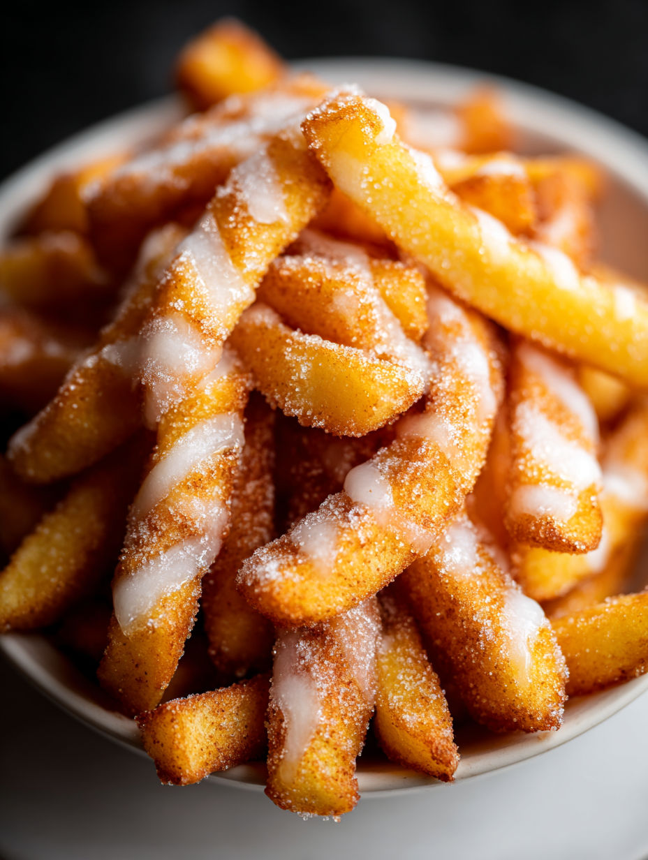 A bowl of french fries with powdered sugar on top.