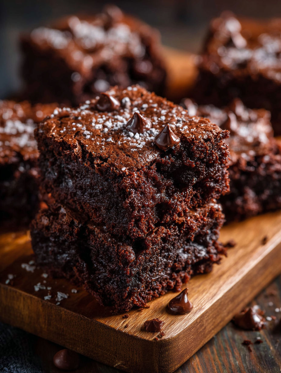 Close-up photo of a chocolate cake topped with chocolate chips.
