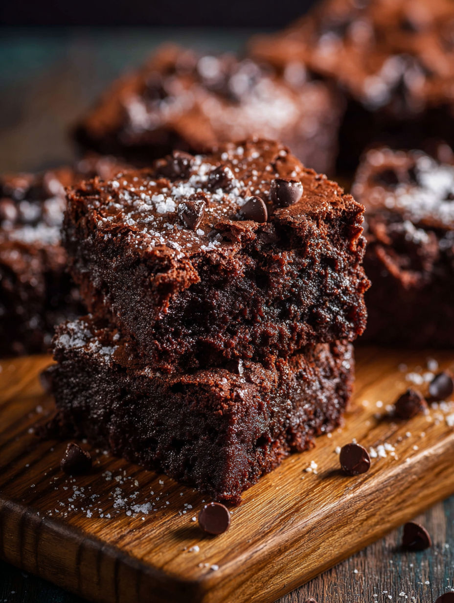 Close-up shot of a chocolate brownie filled with chocolate chips.