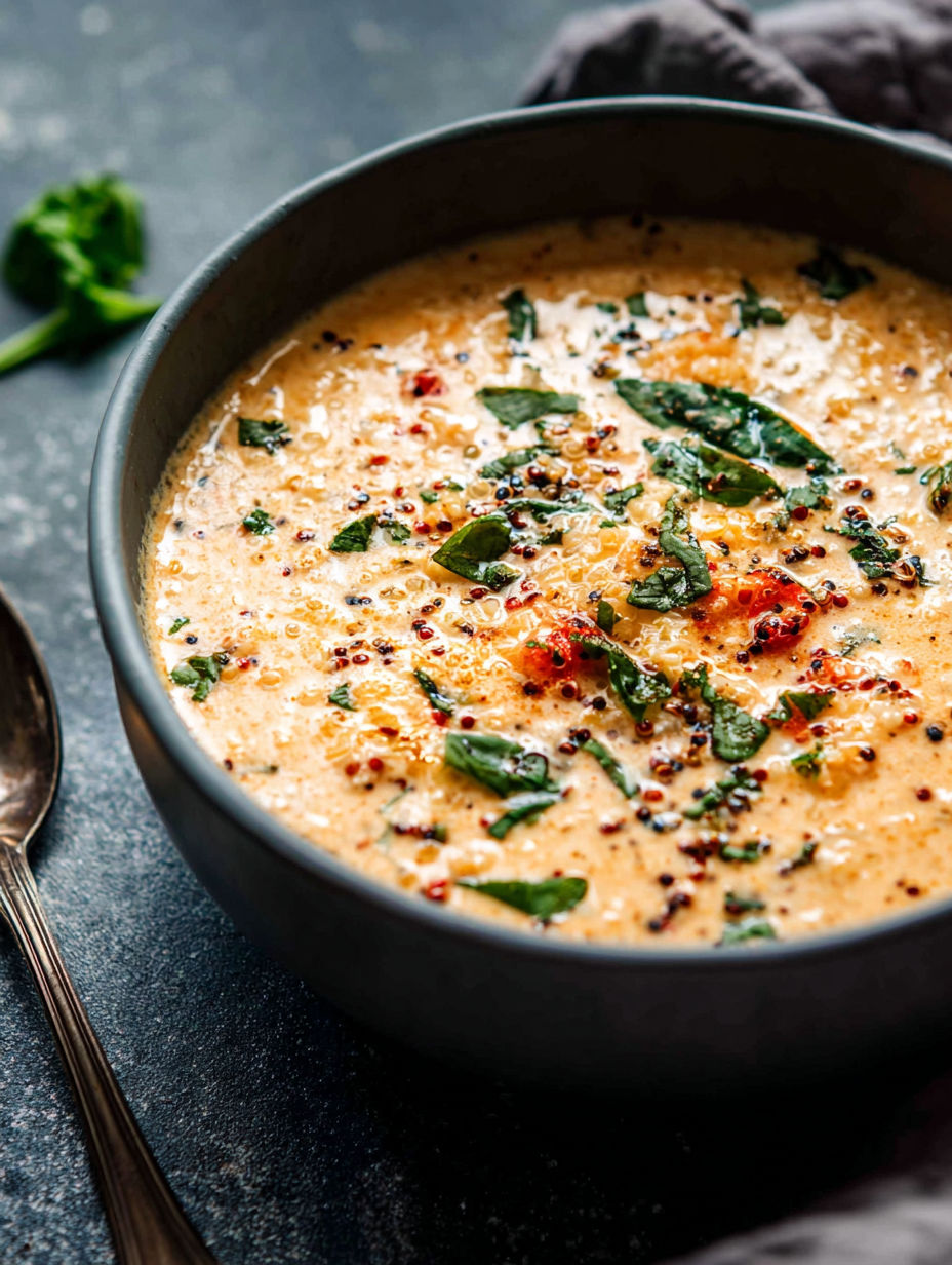 A bowl of creamy Italian quinoa soup.