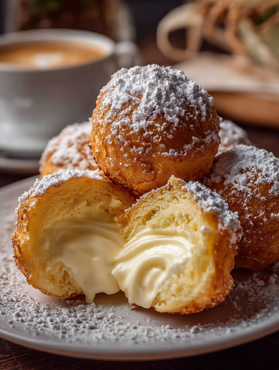 Italian cream bombs covered in powdered sugar