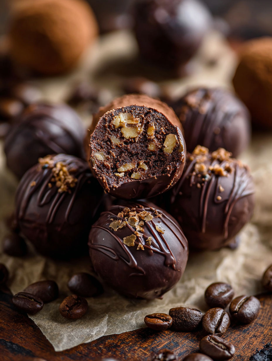 Chocolate truffles with nuts and chocolate chips.