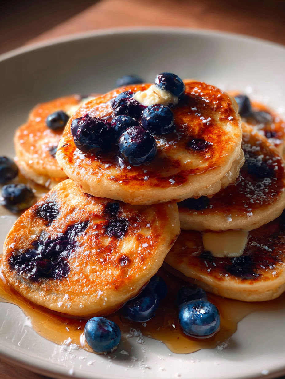 Blueberry-topped stack of vegan protein pancakes
