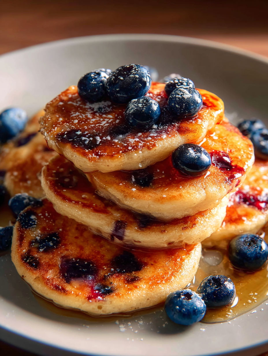 Blueberry topped stack of pancakes.