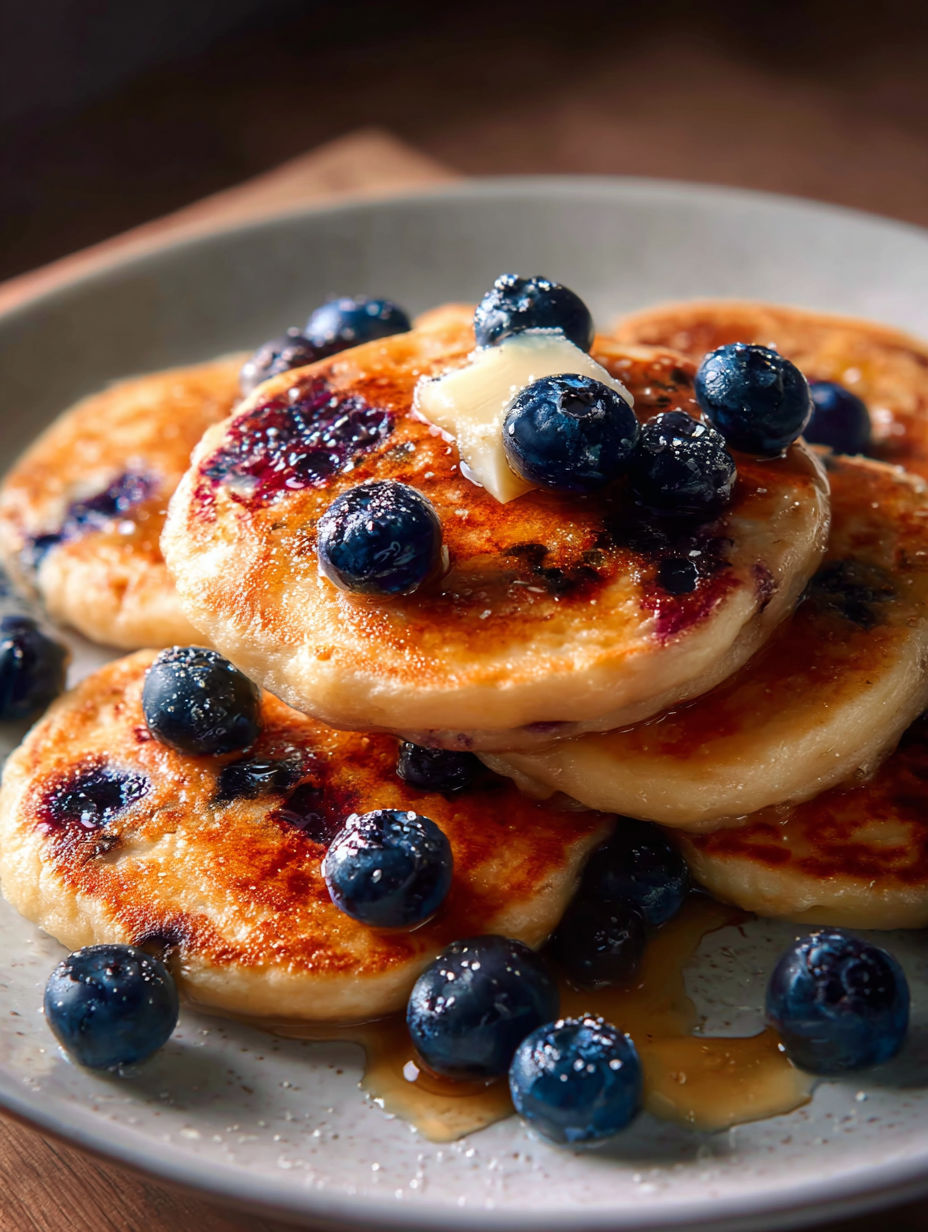 Stack of pancakes with fresh blueberries.