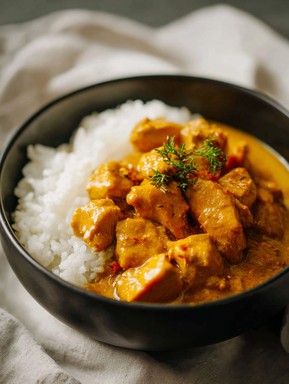 A bowl filled with pumpkin and coconut chicken curry.