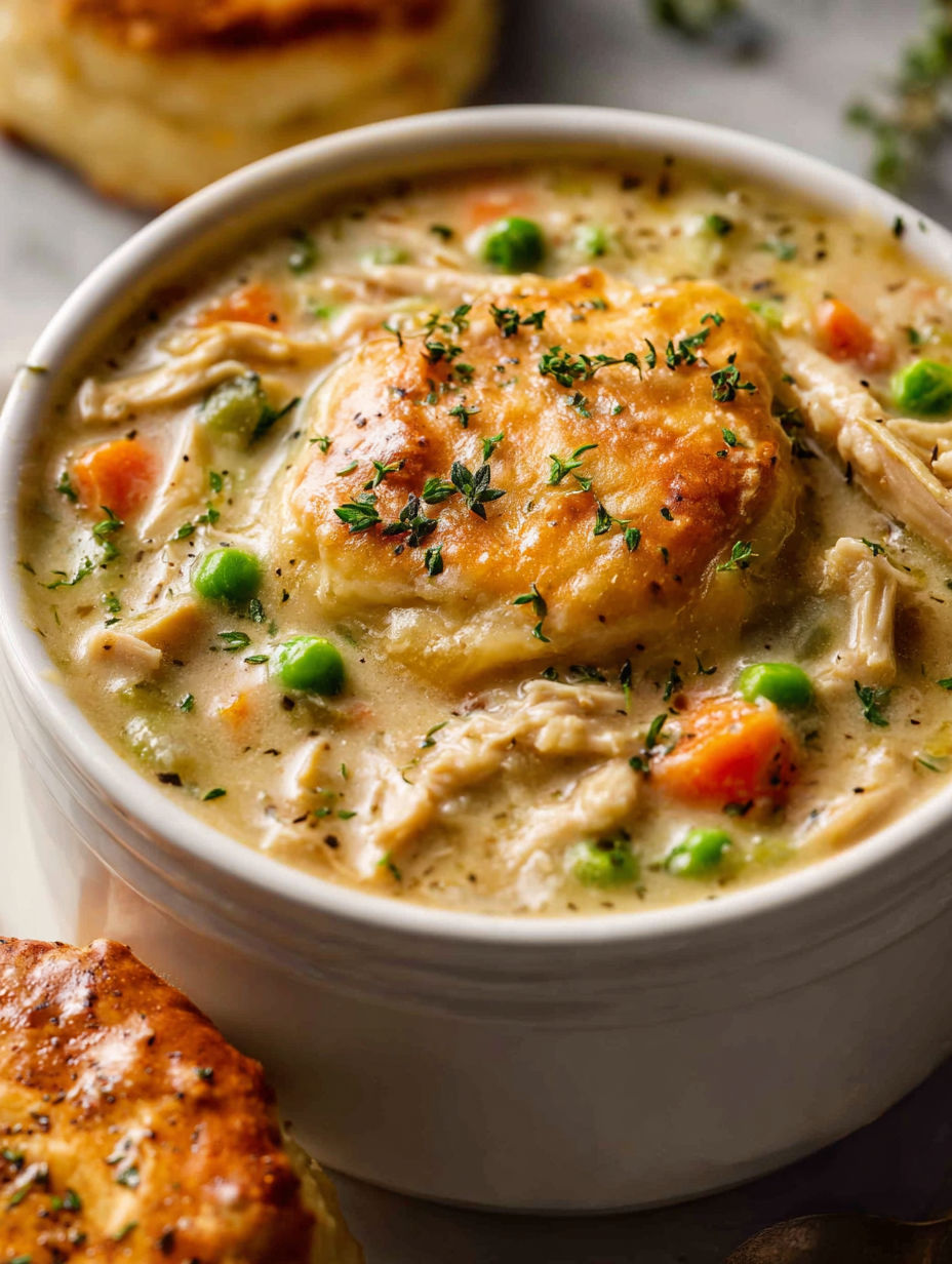 A bowl of chicken pot pie soup.