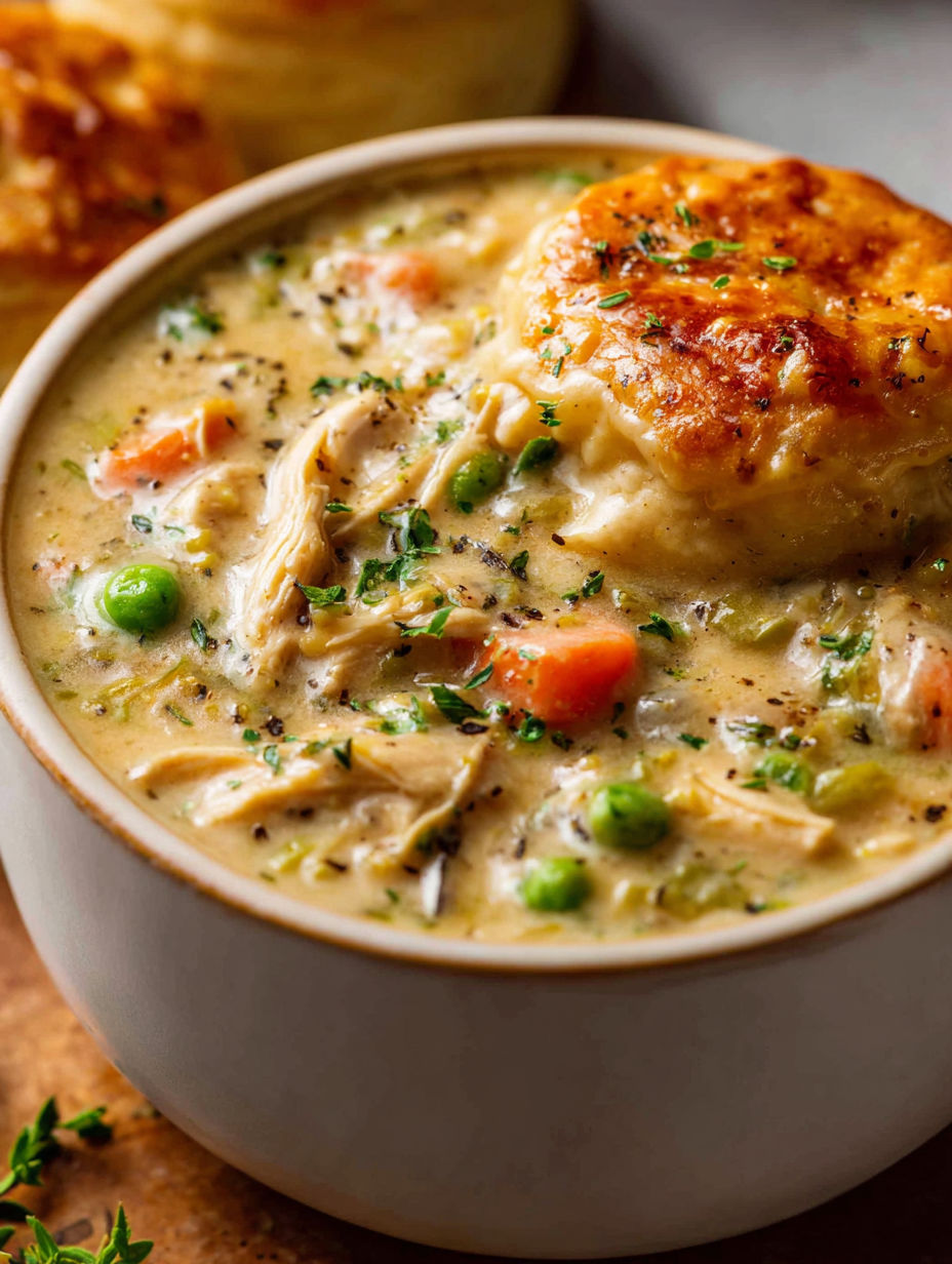 A bowl of chicken pot pie soup.