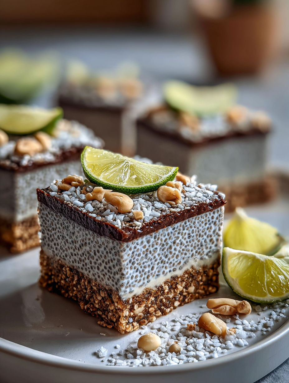 Plate with chia pudding bars topped with lime slices.