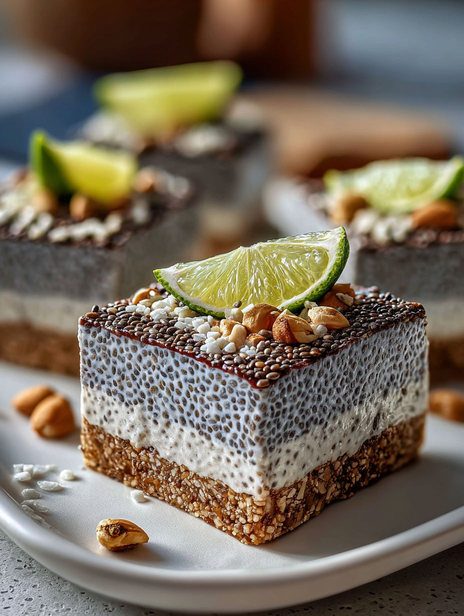 Slice of chia pudding with lime wedge on top