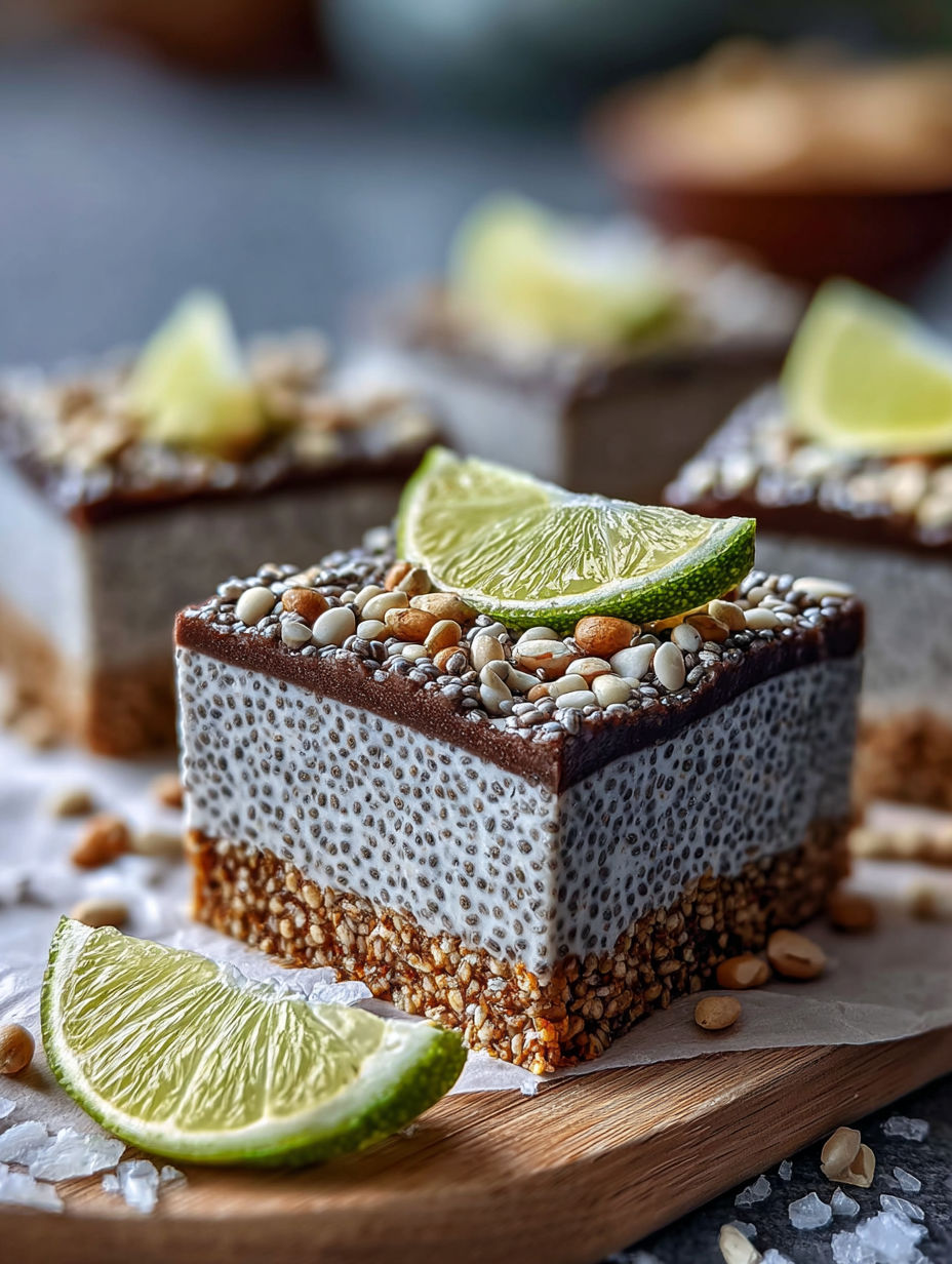 Square of chia pudding topped with lime slice