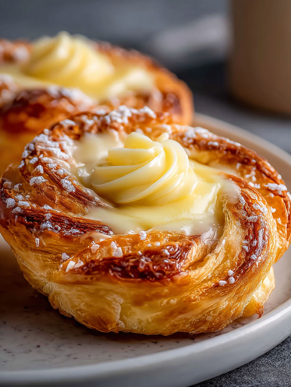 Flaky cheese danish with a bit of whipped cream on top.