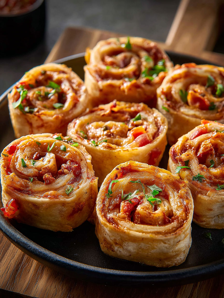 Close-up of rolled tortillas filled with pizza toppings.