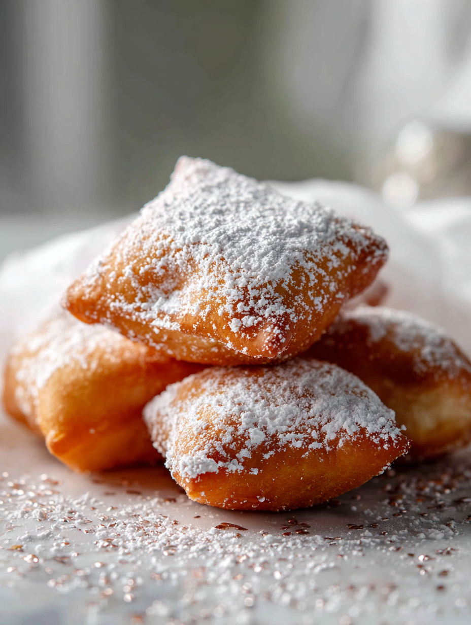 A pile of beignets covered in powdered sugar.