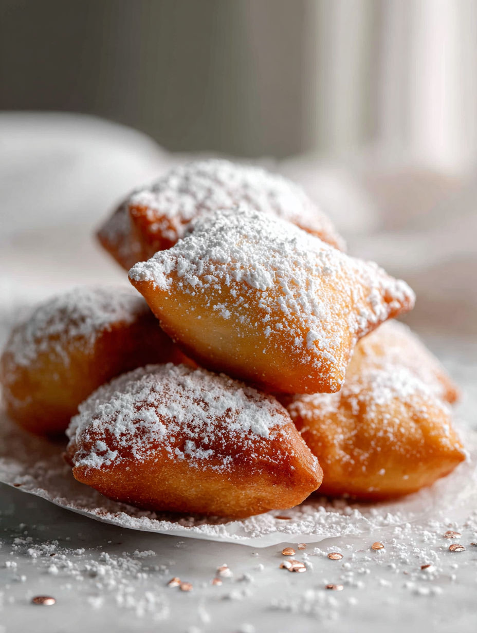 A stack of beignets covered in powdered sugar.