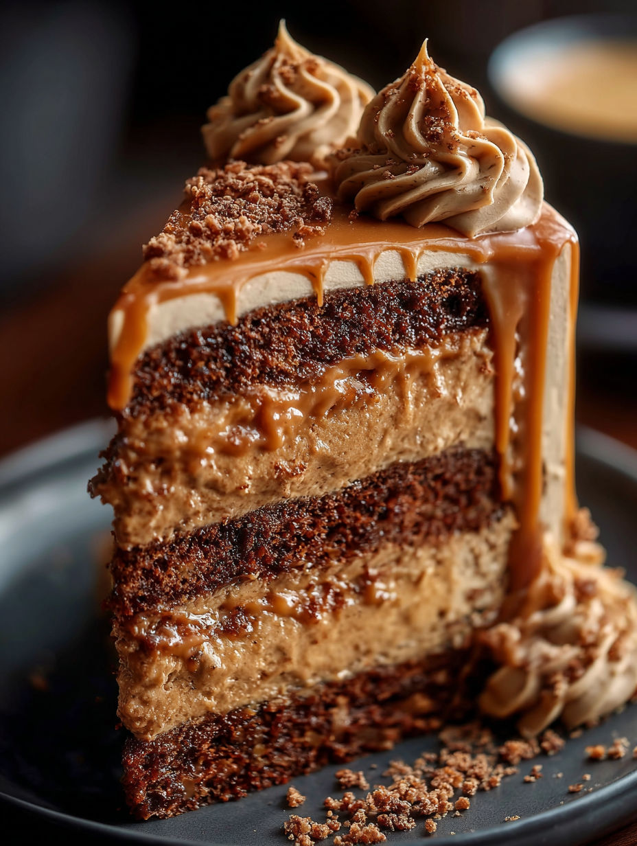 A slice of caramel coffee buttercream cake.