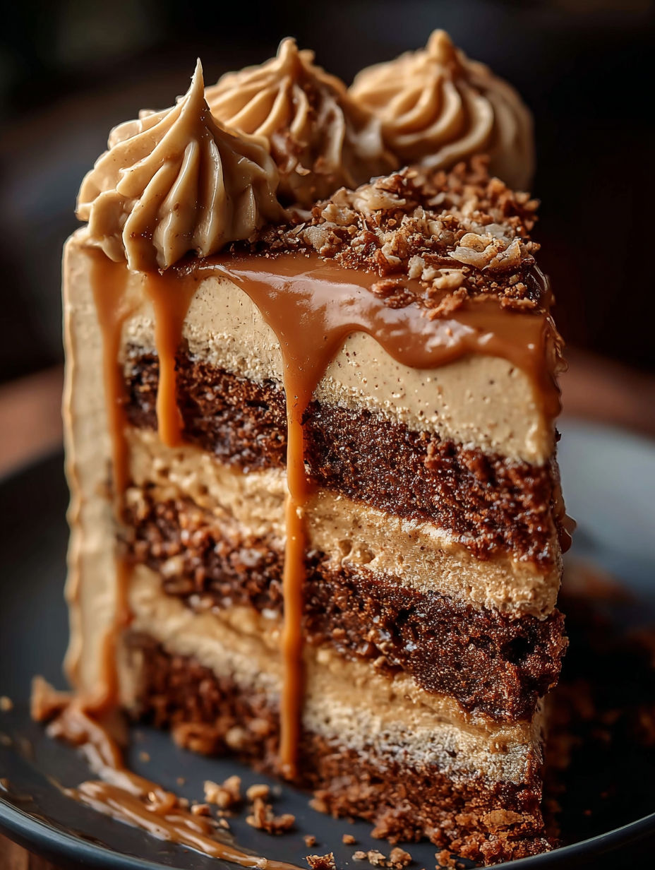 A slice of caramel coffee buttercream cake.