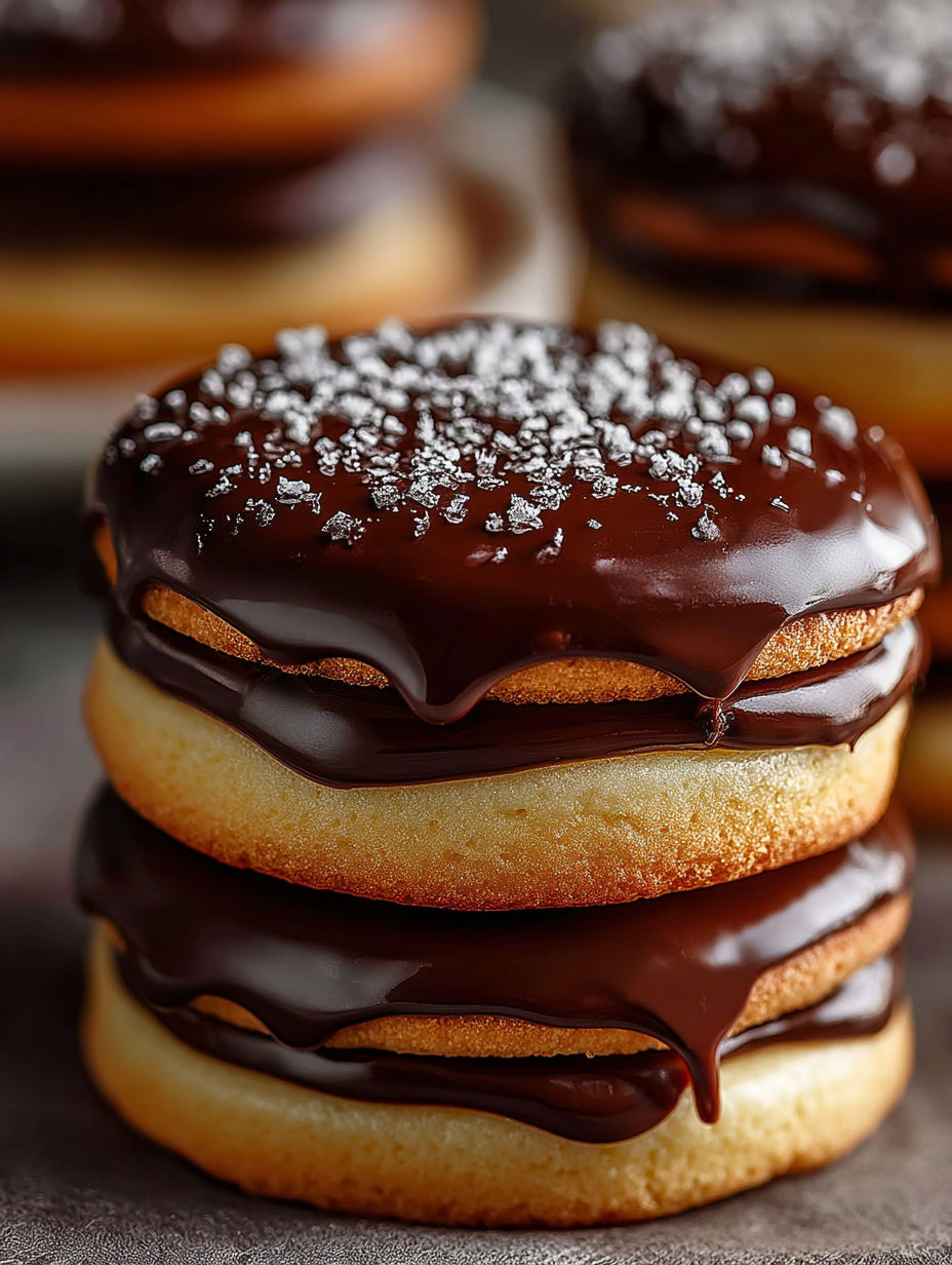 Chocolate covered cookies with white powder on top.