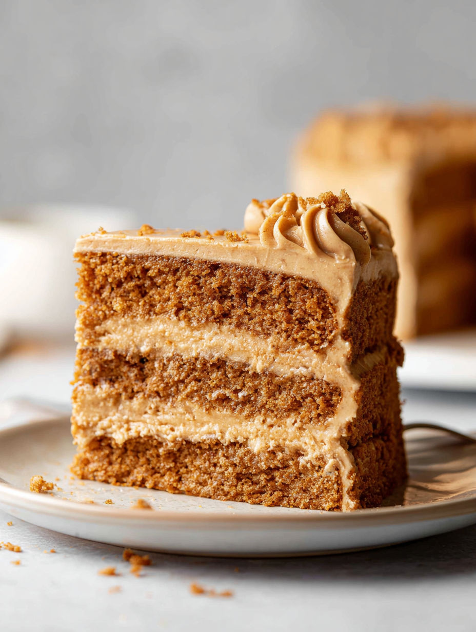 A slice of Biscoff cake on a plate.