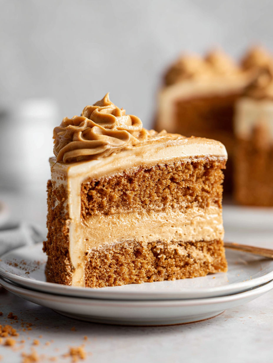 Slice of Biscoff cake with frosting dollop on top