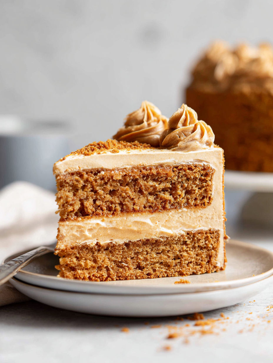 Plate holding a slice of Biscoff cake