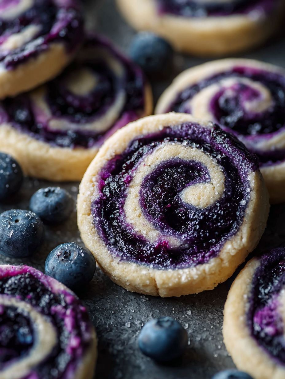 Close-up shot of a cookie with blueberry cheesecake swirl.