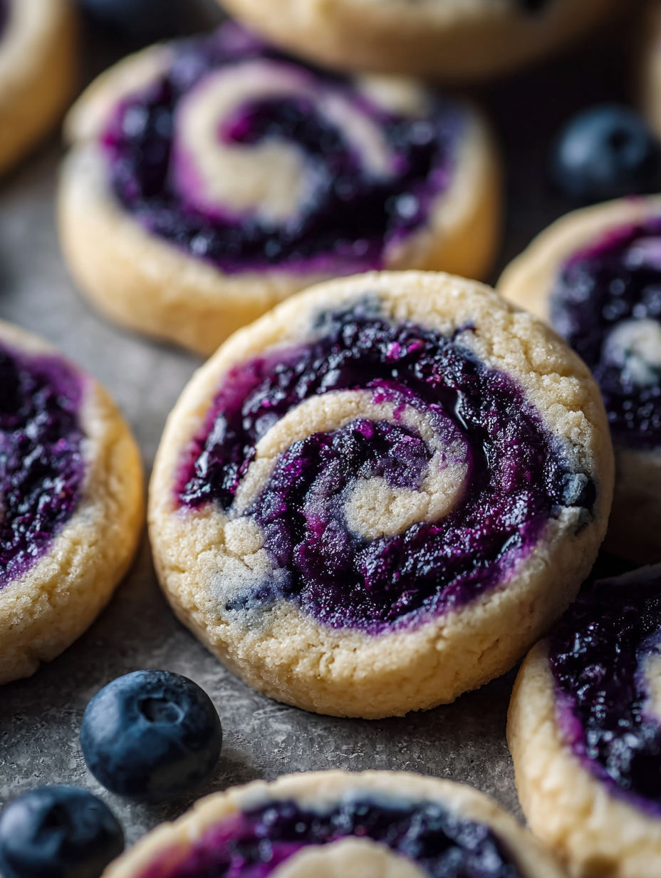 A plate showing blueberry cheesecake swirl cookies.