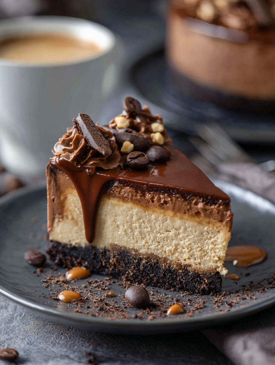 Slice of cheesecake drizzled with chocolate and topped with nuts