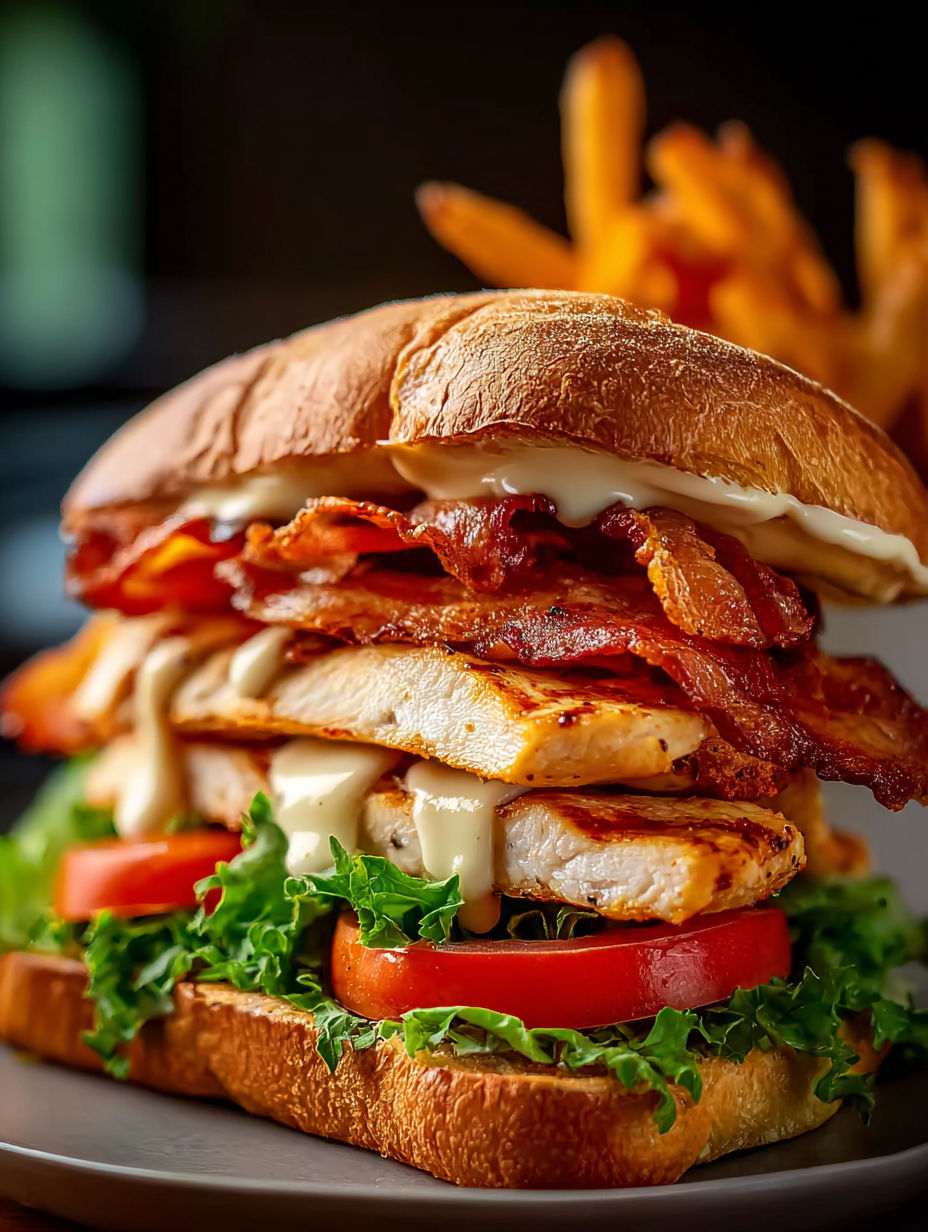 Close-up of a Grilled Chicken Club Sandwich.