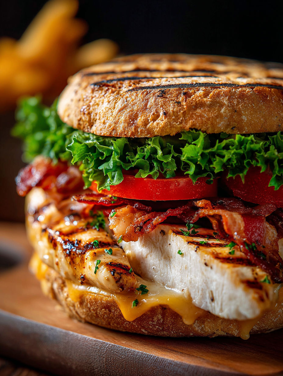 Close-up of a juicy grilled chicken club sandwich with tomato and lettuce.
