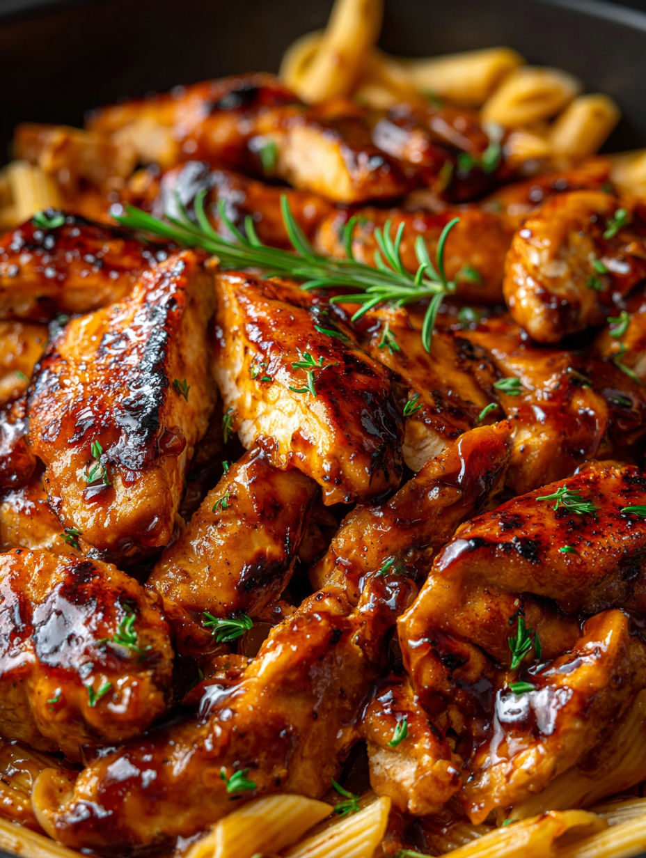 Close-up of a tasty one-pan honey BBQ chicken meal.