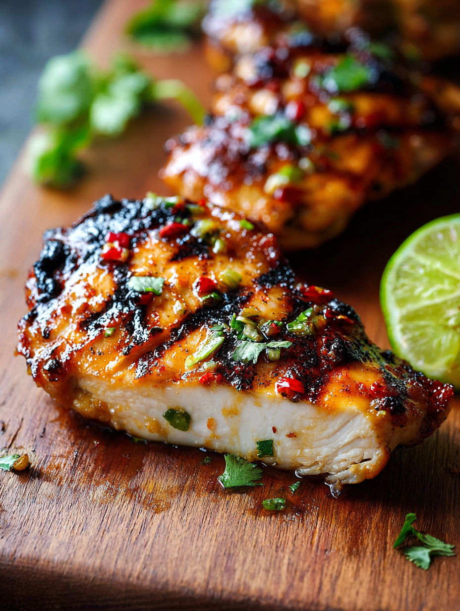 Grilled chicken piece topped with lime and chili.