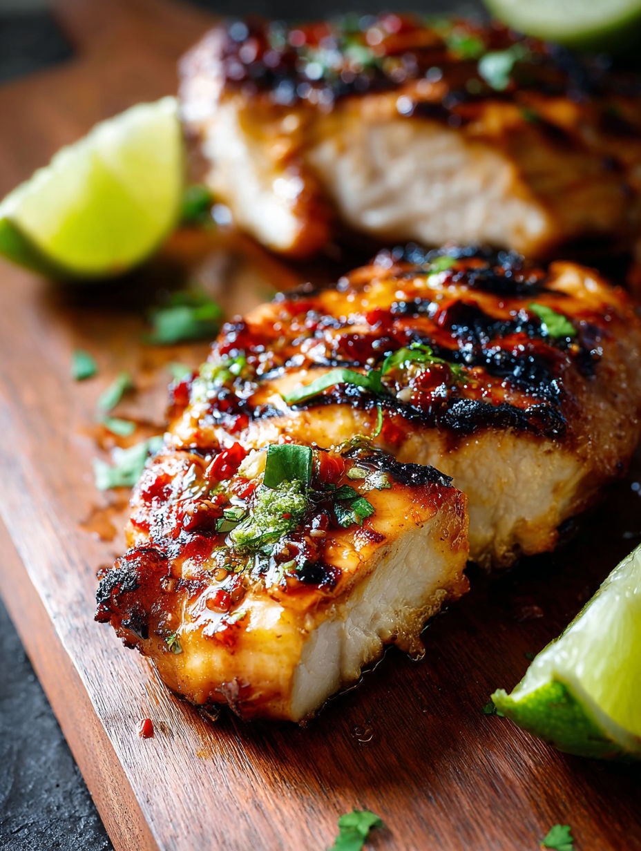 A piece of grilled chicken with chili and lime.