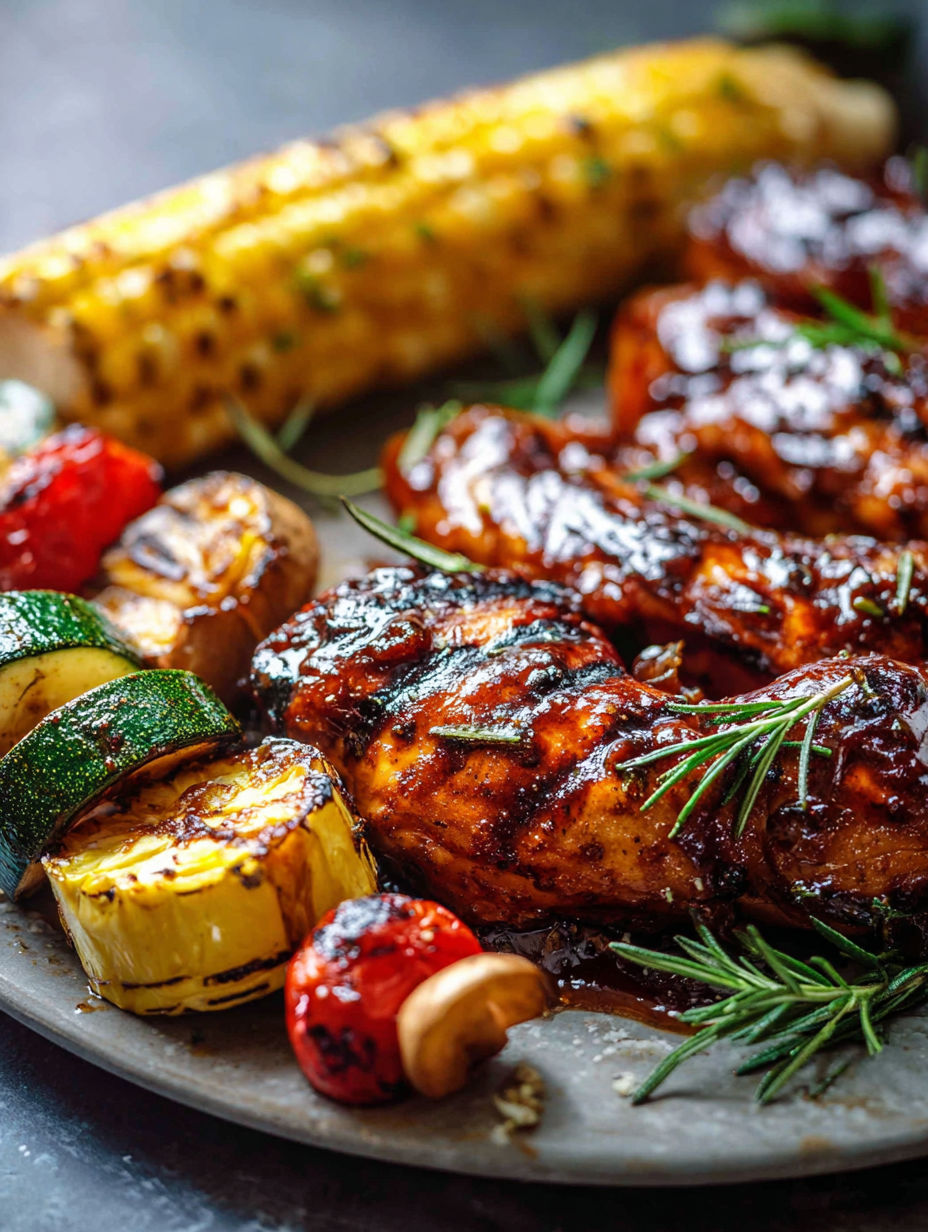 Plate showing BBQ chicken next to corn and tomatoes