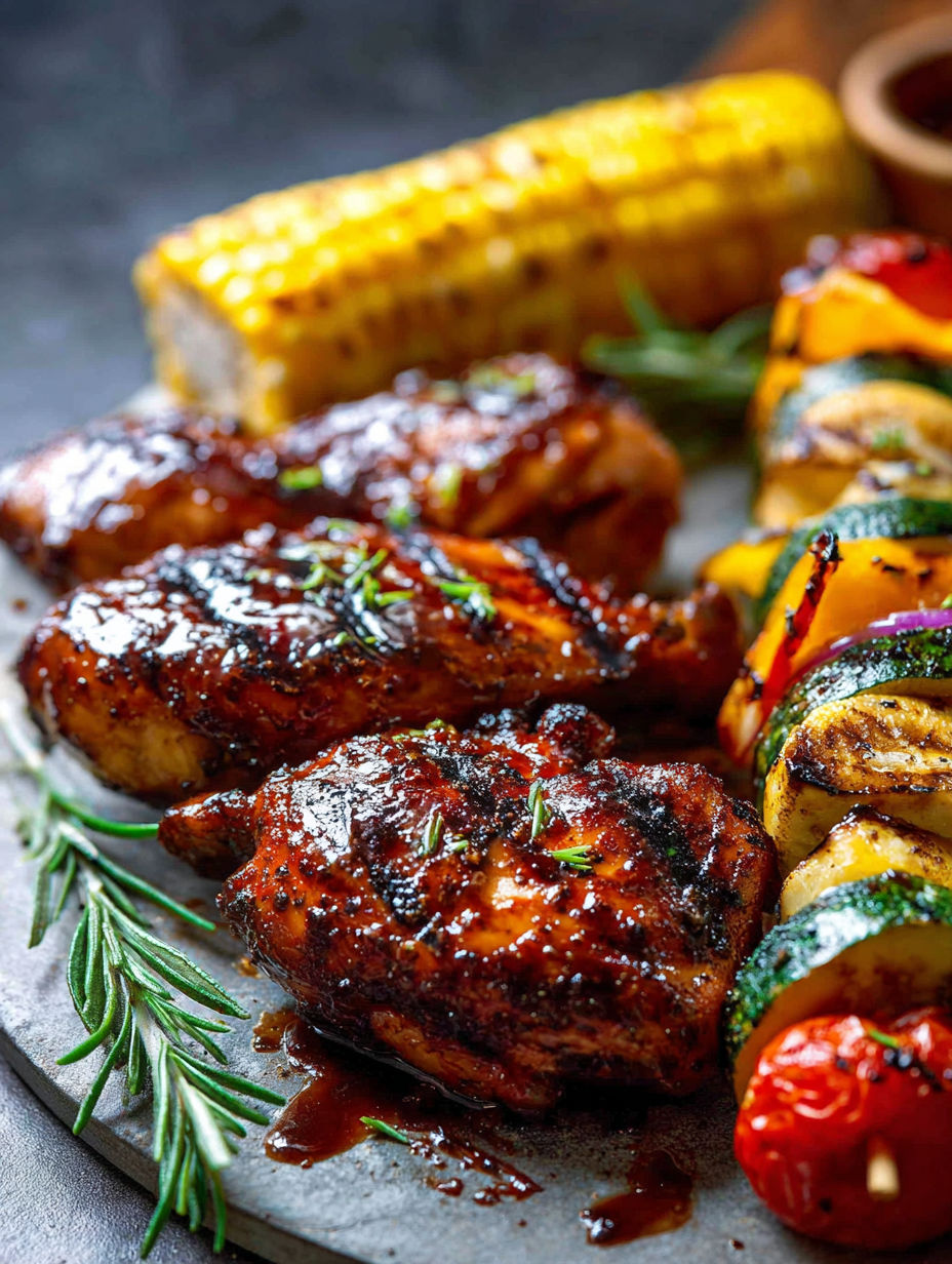 A BBQ chicken meal with corn on the cob and zucchini.