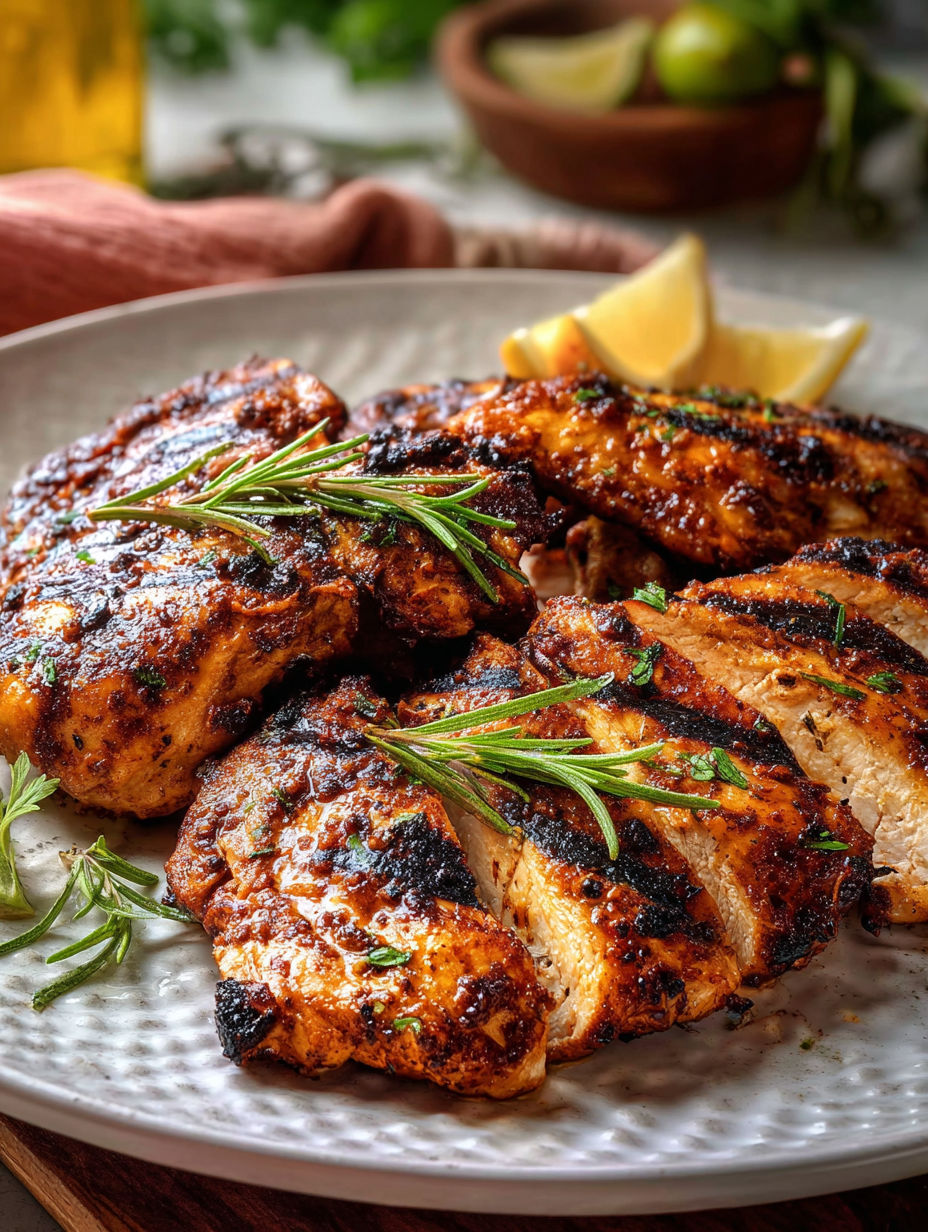 Pollo Asado served with lemon wedges on the side.