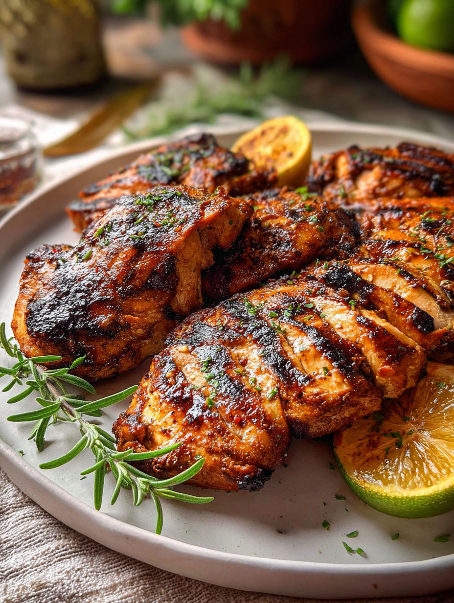 Pollo Asado served with a lemon wedge.