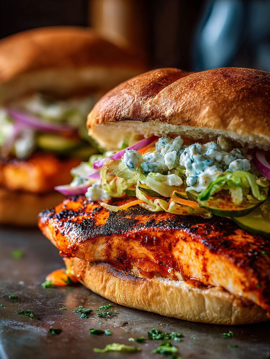 Buffalo chicken sandwich on the grill topped with lettuce and blue cheese.