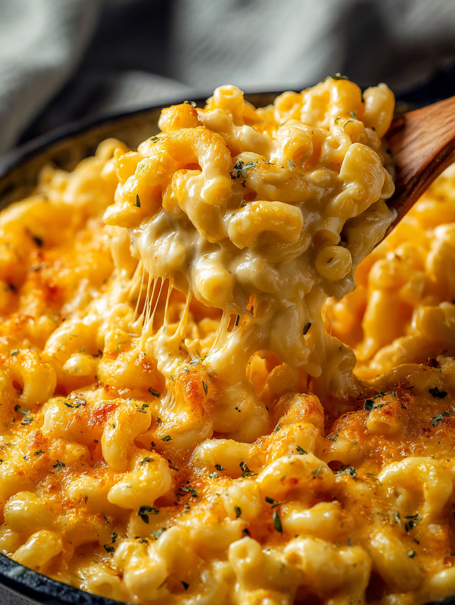 A spoon is in a bowl of macaroni and cheese.