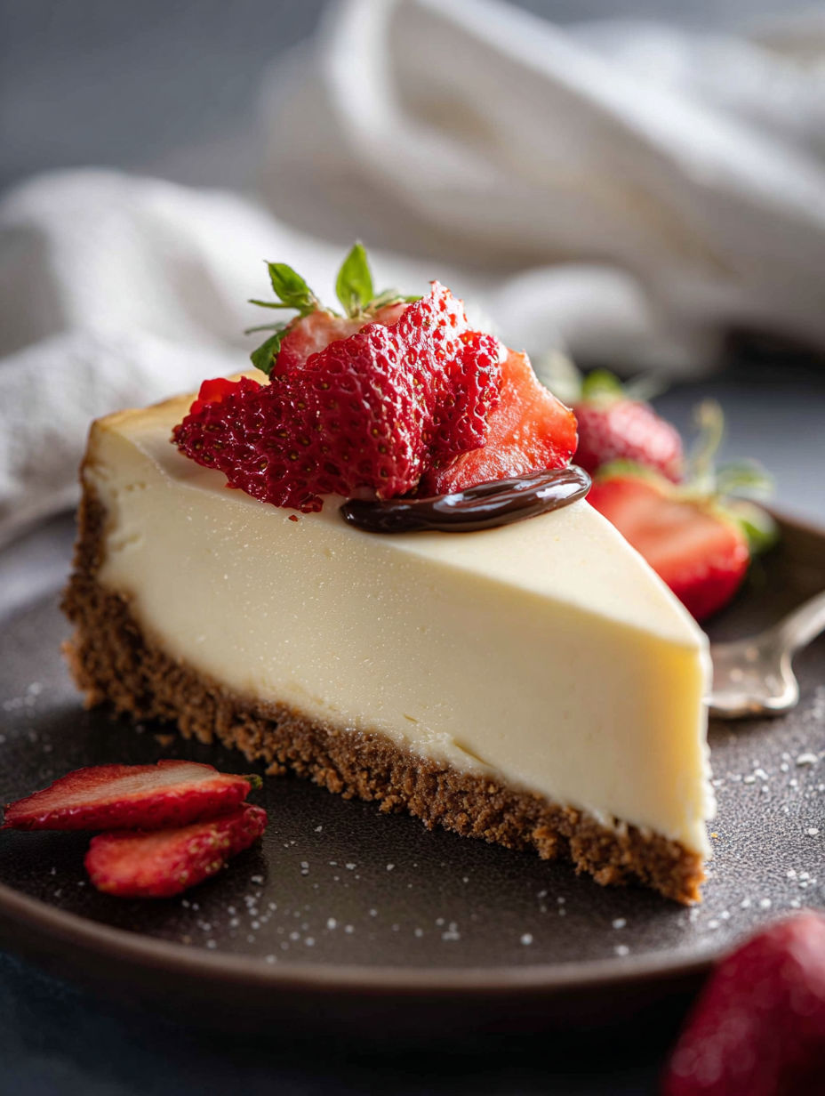 Slice of cheesecake with strawberries on top